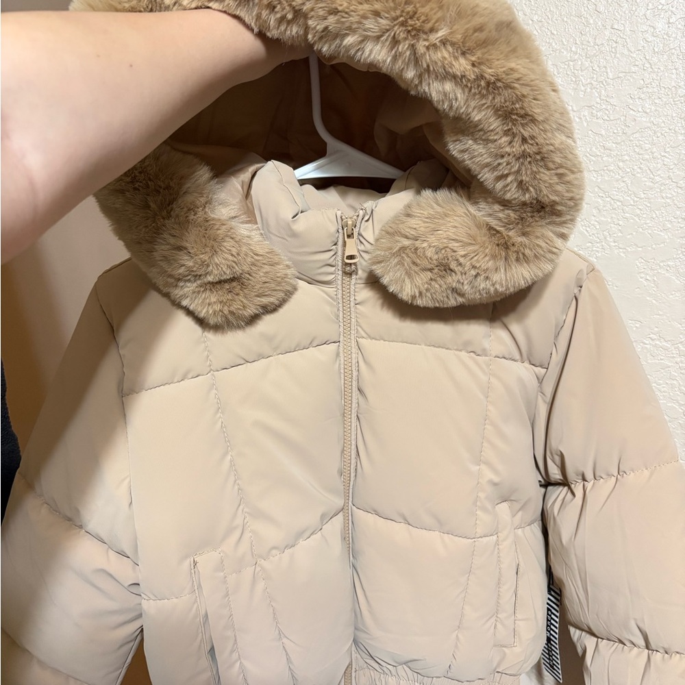 Cream Puffer Jacket with Faux Fur Collar - Picture 2 of 3